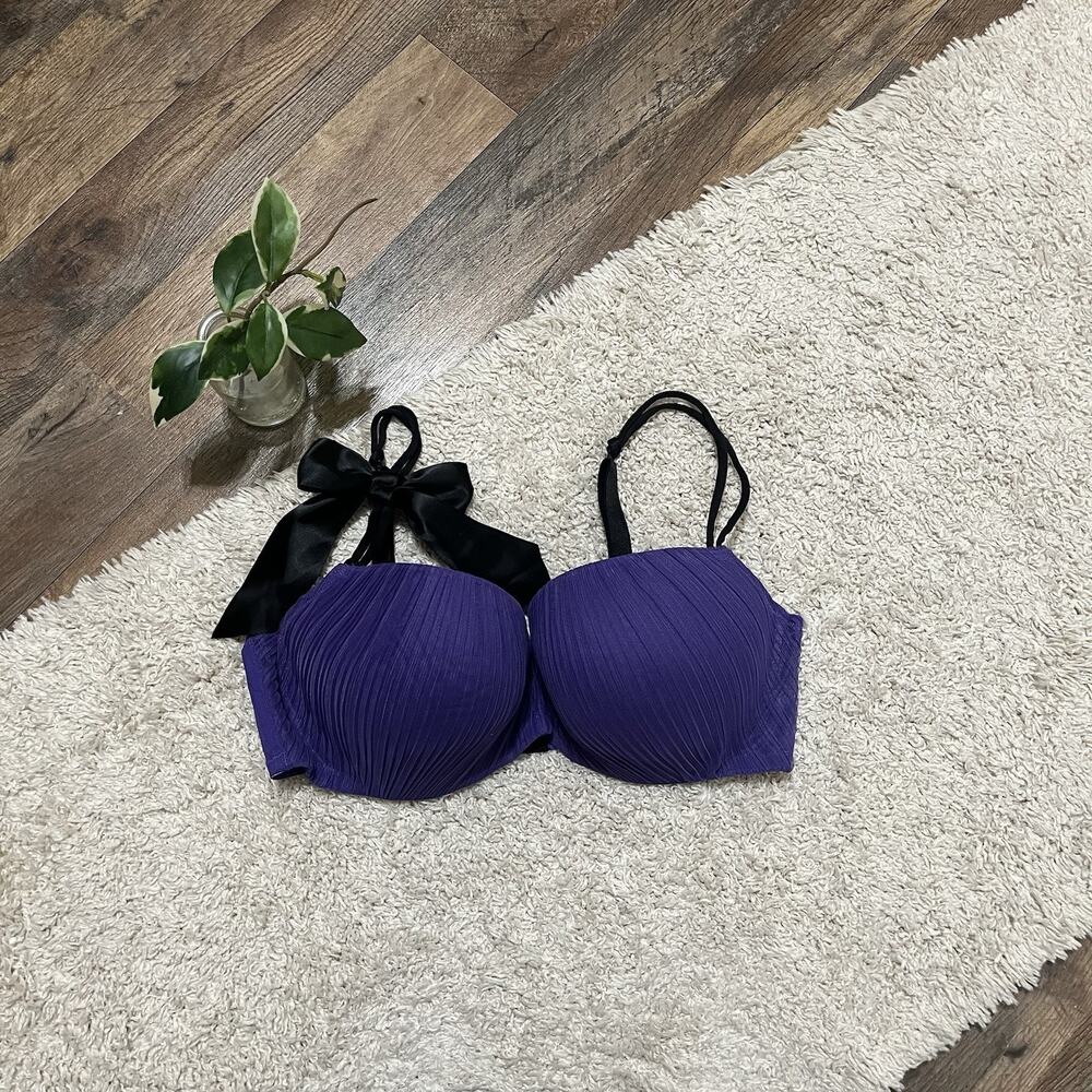 Cacique Lane Bryant Size 40DD Purple Black Ruched Bow Boost Balconette Bra